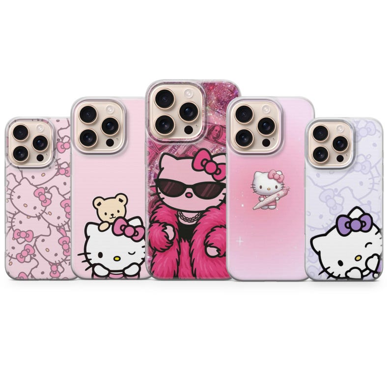 Puede incluir: Una colecci&oacute;n de cinco fundas para tel&eacute;fono con dise&ntilde;os de Hello Kitty. Las fundas muestran varios tonos de rosa e incluyen ilustraciones de Hello Kitty con lazos, gafas de sol y un osito de peluche. Las fundas est&aacute;n dise&ntilde;adas para un tel&eacute;fono inteligente.