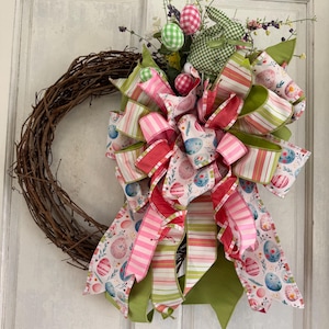 Elite Designer Easter Bow on Grapevine Wreath with matching Lantern Bows-3 piece set