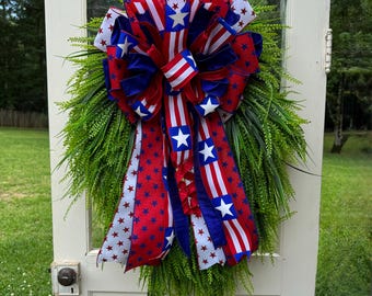 Lazo de puerta con cinta de estrella patriótica – Decoración navideña roja, blanca y azul