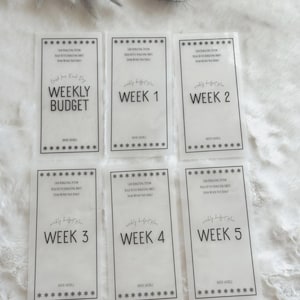May include: Six rectangular translucent budget tracker inserts with black text. The cards are labelled Weekly Budget, Week 1, Week 2, Week 3, Week 4, and Week 5. Each card features a border of asterisks, the text Cash Budgeting System, and Haven Savings.