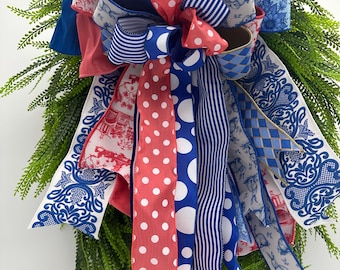 Coral Blue Toile Bunny Bow, Coastal Spring Door Decor, Lantern Accent, Handcrafted 18" Wide