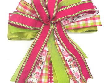Handcrafted Pink Green Floral Ribbon Bow – Lantern Wreath Decor, 18" Wide