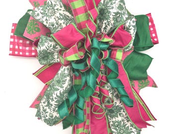 Luxury Wreath Bow – Hot Pink Floral Toile Ribbon, Front Door Lantern Decor (18" Wide)