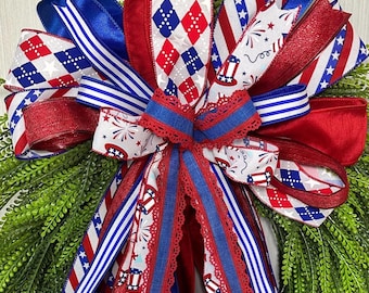 Luxury Patriotic Wreath Bow | Americana Front Door Decor | Red White Blue Statement Bow