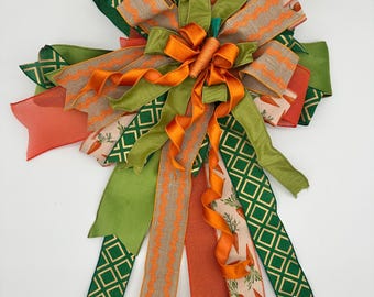 Handcrafted Carrot Patch Spring Door Bow – Orange Green Ribbon Lantern Decor (18" Wide)