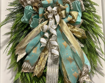 Teal Gold Bunny Ribbon Bow – Large Spring Door Lantern Decor, Handcrafted, 18" Wide