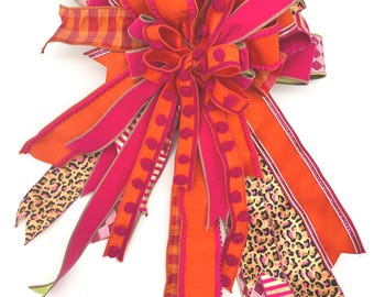 Handcrafted Luxury Bow – Hot Pink, Orange, Leopard Print Ribbon, Front Door Decor (18" Wide)