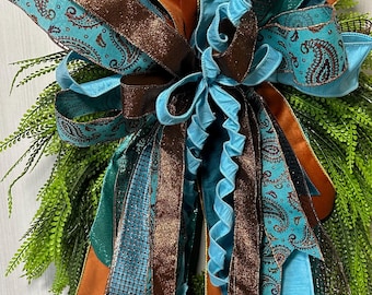 Handcrafted Copper and Turquoise Wreath Bow or Luxury Front Door Bow.