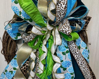 Blue Hydrangea & Leopard Designer Wreath Bow | Luxury Front Door Decor | Bold Floral Bow