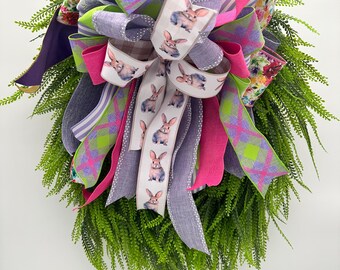 Handcrafted Spring Bunny Bow – Pink, Lavender, Lime Door Decor (18" Wide)