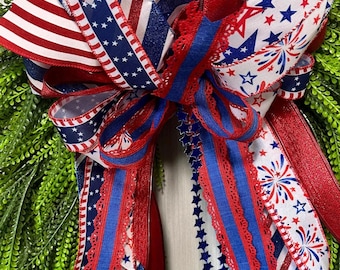 Patriotic Designer Wreath Bow | Red White Blue Front Door Decor | Luxury July 4th Bow