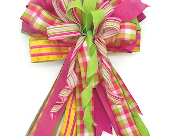 Handcrafted Pink Green Plaid Bow – Large Lantern Door Decor (18" Wide)