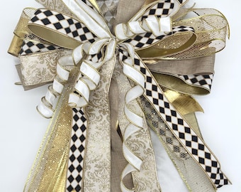 Luxus Kranz Schleife - Handgefertigtes Gold, Elfenbein & Schwarzes Band, Haustür/Laternen-Dekor, 18 "breite, ""Gilded Manor"" aus der Veranda Kollektion