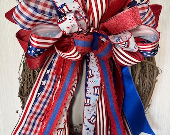 Americana Glam Wreath Bow | Patriotic Front Door Decor | Luxury Red White Blue Bow