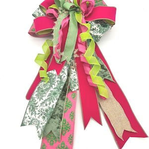 Handcrafted Pink Green Toile Bow – Large Lantern Door Decor (18" Wide)