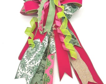 Handcrafted Pink Green Toile Bow – Large Lantern Door Decor (18" Wide)