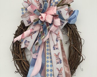 Handcrafted Bunny Bow – Pastel Pink, Blue Spring Door Decor, Lantern Accent (18" Wide)