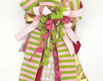 Handcrafted Pink Green Gold Ribbon Bow – 18" Wide Front Door Lantern Decor