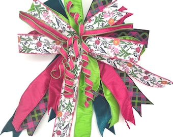Handcrafted Floral Ribbon Bow – Pink, Green, Teal, Plaid Front Door Decor (18" Wide)