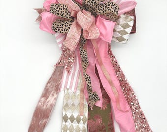 Luxury Wreath Bow – Blush Gold Leopard Print Ribbons, Front Door Lantern Decor (18" Wide)