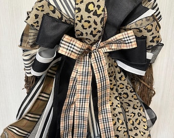 Designer-inspired Leopard & Stripe Wreath Bow | Neutral Luxury Front Door Decor | Black Beige Bow