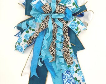 Handcrafted Blue Floral Toile Leopard Ribbon Bow – Front Door Lantern Decor, 18" Wide