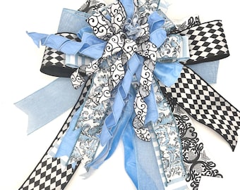 Luxury Wreath Bow – Blue, Black, White Harlequin Ribbon Door Decor (18" Wide)