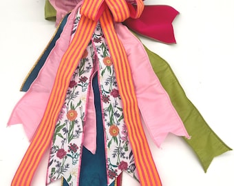 Handcrafted Floral Ribbon Bow – Pink Orange Lantern Decor (18" Wide)
