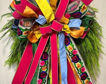 Fiesta Bloom Designer Wreath Bow | Hot Pink Floral Door Decor | Colorful Farmhouse Swag