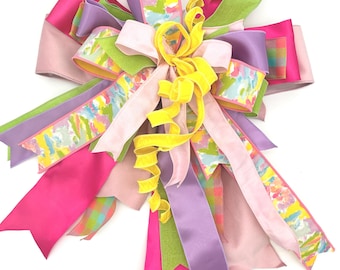 Handcrafted Watercolor Bow – Pink, Yellow, Lavender Ribbon Door Decor (18" Wide)