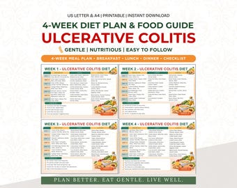 Piano alimentare per colite ulcerosa in PDF, lista degli alimenti per la dieta IBD, programma stampabile per la salute intestinale, pianificatore nutrizionale di 4 settimane, guida al benessere digestivo, tracker alimentare