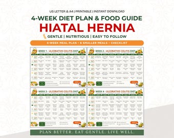 Guida alimentare per ernia iatale e piano dietetico di 4 settimane, elenco di alimenti da consumare e da evitare, pianificatore di pasti adatto a chi soffre di reflusso gastroesofageo, PDF stampabile sulla salute digestiva