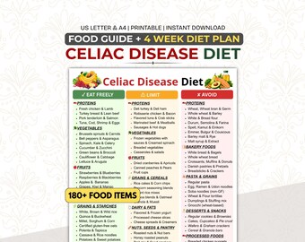 Elenco di alimenti senza glutine / Piano alimentare per celiachia / Piano alimentare senza glutine di 4 settimane / Guida alimentare per celiaci / Pianificatore settimanale dei pasti in PDF