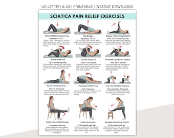 Esercizi per alleviare la sciatica stampabili, tabella di stretching per il mal di schiena, poster di fisioterapia, download immediato, routine di stretching per schiena e fianchi