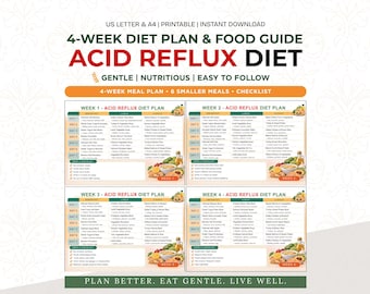Pacchetto completo con dieta e guida alimentare per il reflusso acido / Piano alimentare per 4 settimane per GERD / Lista degli alimenti per il reflusso acido stampabile / Strumento di monitoraggio della dieta per GERD / Download immediato