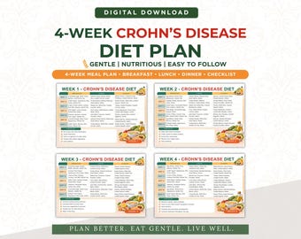 Piano alimentare per la malattia di Crohn in formato PDF stampabile, guida alimentare con piano pasti di 4 settimane, strumento di monitoraggio nutrizionale per la salute digestiva, download immediato.