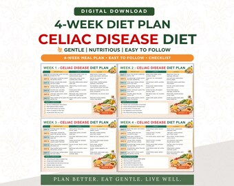 Dieta senza glutine di 4 settimane / Piano alimentare per celiachia / Guida alimentare per celiaci / Alimenti per intolleranti al glutine / Piano alimentare senza glutine / Pianificatore di pasti