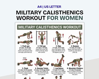 ミリタリーカリステニクスワークアウト印刷用データ、陸軍フィットネスポスター、自重トレーニングチャート、女性向けミリタリーワークアウト、ホームジムポスター