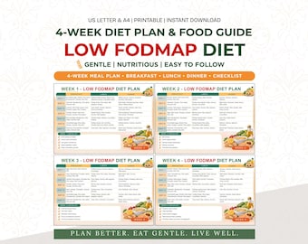 Piano alimentare a basso contenuto di FODMAP stampabile, piano alimentare di 4 settimane, guida alimentare per la sindrome dell'intestino irritabile, pianificatore per la salute digestiva, tracker per la dieta a basso contenuto di FODMAP, stampabile per la salute intestinale