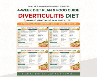 Piano alimentare per diverticolite in formato PDF stampabile, piano alimentare di 4 settimane, guida alimentare, strumento per monitorare la dieta a basso contenuto di fibre, download immediato.