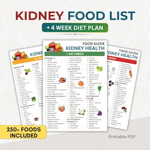 Puede incluir: Infografía colorida "Lista de alimentos para el riñón" con una pancarta "+ Plan de dieta de 4 semanas". La guía enumera los alimentos para comer libremente, limitar y evitar para la salud renal. Incluye el texto "250+ alimentos incluidos".