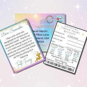 May include: A Tooth Fairy set with a letter and a receipt. The letter is addressed to Samantha and mentions retrieving a tooth. The receipt is for a tooth, with a transaction ID and payment details. The background is a pastel gradient.