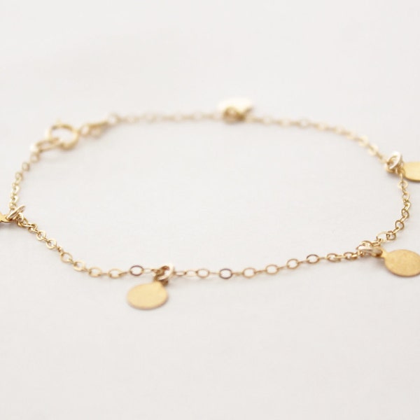 Delicate gold bracelet with tiny brass discs - round circle coin - dainty gold filled chain - modern minimalist