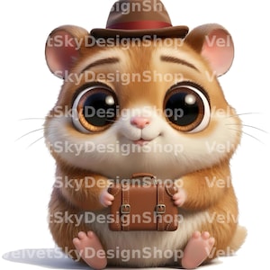 Detective Hamster Clipart PNG Hoed Aktetas Cartoon Dier Transparant Instant Download