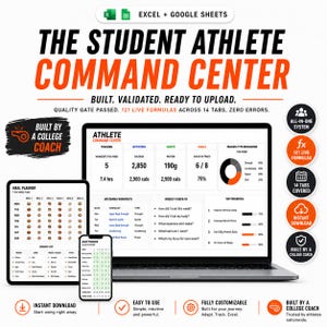 May include: A digital fitness program, "The Student Athlete Command Centre," displayed on a laptop, tablet, and phone. The program includes meal planning, habit tracking, and workout analysis. The image features the text "Built by a College Coach."