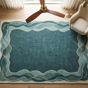 Alfombra de lana con diseño abstracto de olas marinas en color verde azulado, alfombra de área con borde ondulado tejida a mano, revestimiento de suelo moderno en verde mar, decoración de lujo para sala de estar costera