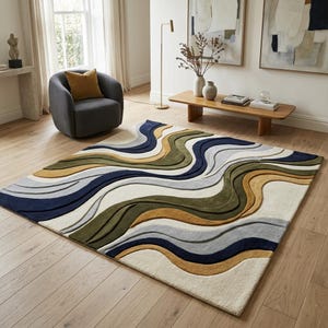 Handgetuft wollen vloerkleed, abstract golvend vloerkleed, 3D-gesneden vloerdecoratie in mid-century modern stijl, esthetische, gestructureerde woonkamermat