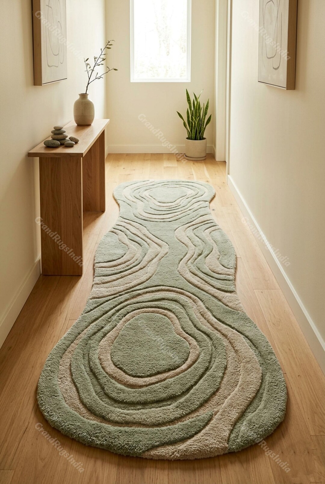 Unique Shape Runner Rug Hand Tufted Sage Green Runner Rug Organic Shaped Woolen Carpet Custom ...