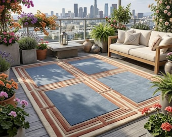 Tapis géométrique moderne bleu clair, tufté à la main en laine, motif quadrillé couleur pêche terracotta, style milieu du siècle, idéal pour un salon.