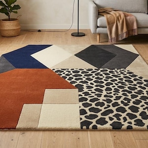 Navy Blue Rust Rug, Geometric Animal Carpet, Modern Abstract Floor Mat 8x10 9x12 Custom Size